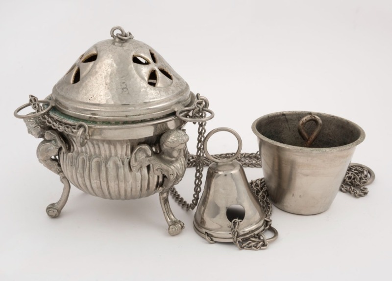 A church censer, cast and chrome plated metal, 20th century, ​​​​​​​95cm high overall