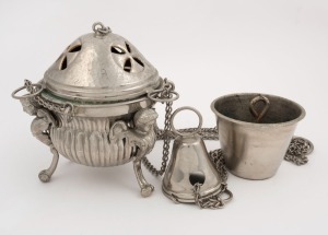 A church censer, cast and chrome plated metal, 20th century, 95cm high overall