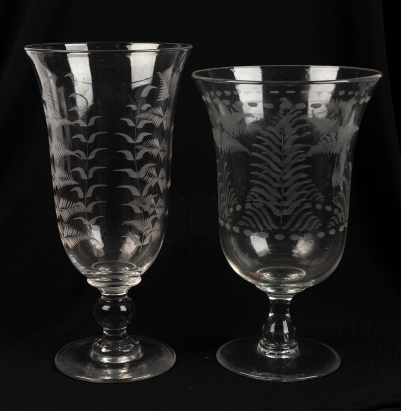 Two antique celery glasses with fern etched decoration, 19th century. ​​​​​​​22cm and 20cm high