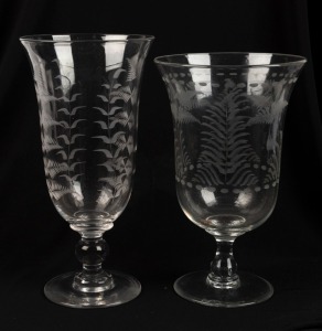 Two antique celery glasses with fern etched decoration, 19th century. 22cm and 20cm high