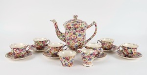 JAMES KENT "Du Barry" English chintz porcelain coffee set, (15 items), factory mark to base, the coffee pot 19cm high