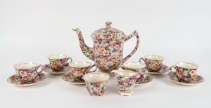 JAMES KENT "Du Barry" English chintz porcelain coffee set, (15 items), factory mark to base, ​​​​​​​the coffee pot 19cm high