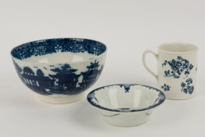 DR WALL WORCESTER antique English blue and white porcelain mug, dish and bowl, 18th century, the bowl 15.5cm diameter