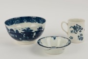 DR WALL WORCESTER antique English blue and white porcelain mug, dish and bowl, 18th century, the bowl 15.5cm diameter