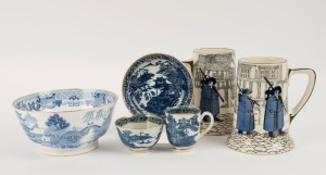 ROYAL DOULTON pair of English porcelain tankards, GRAINGER & Co. "Willow" pattern bowl, antique English tea bowl and saucer, plus blue and white teacup, 18th, 19th and 20th century, (6 items), the bowl15.5cm diameter
