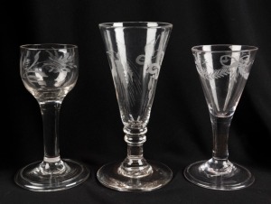 Three assorted Georgian glasses with engraved decoration. 18th century, the largest 13.5cm high