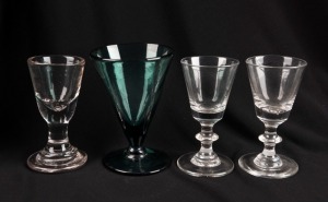 Four assorted antique English glasses including green example, 18th/19th century, the largest 9.5cm high