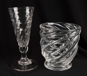 An antique English glass tea mixing bowl together with an antique wine glass, early 19th century, 10cm and 14cm high