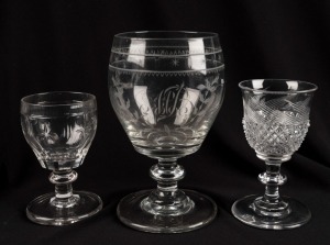 Three assorted antique glasses with engraved and cut decoration, 18th/19th century, the largest 13.5cm high