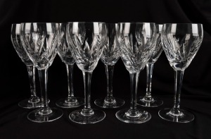 WATERFORD set of eight fine Irish crystal wine glasses, with acid etched marks to bases, 20cm high