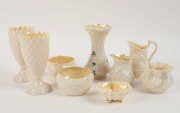 BELLEEK group of Irish porcelain vases, jugs and bowls, (9 items), one black stamp jug, the others with varying green stamps, the largest 15cm high