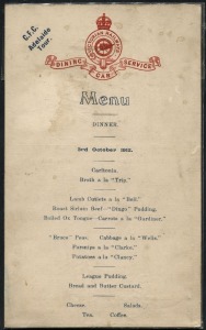 1912 End-of-Season Trip to Adelaide: The Victorian Railways Dining Car Service Menu headed "C.F.C. Adelaide Tour" with the dinner menu for 3rd October and other meal times and charges on the back. Various items on the menu have been amusingly named to hon