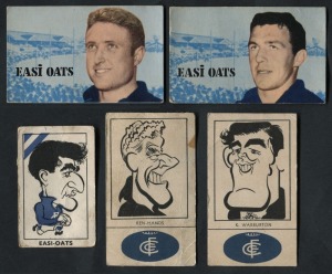 EASI OATS - CARLTON CARDS: 1964 Victorian League Footballers Card No.17 JOHN NICHOLLS and Card No.18 SERGIO SILVAGNI, both in excellent condition; plus 3 other caricature cards in mixed condition. (5).