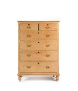 TALLBOY: English country pine 6 drawer chest on turned bun feet with brass swing handles. Early to mid 19th century. Height 150cm, width 105cm, depth 54cm