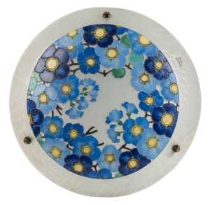 LOYS LUCHA French Art Deco frosted glass pendant light with enamel floral decoration, circa 1920s, signed "Loys Lucha", 40.5cm diameter