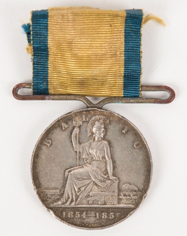 1854-55 BALTIC CAMPAIGN MEDAL, 36mm silver; lacking claw and ornate foliated swivel suspender and generally a bit knocked about. Instituted April 1856 for award to those who served with the Naval deployment to the Baltic during the Crimean War. 