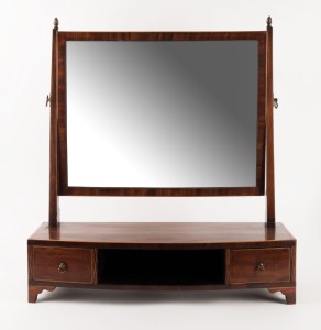 A Georgian mahogany two drawer toilet mirror (missing central drawer), circa 1820, 60cm high x 55cm wide x 22cm deep