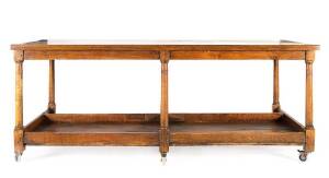 French 19th century farmhouse kitchen table, oak with inset marble piece on top. Later industrial castors. Height 89cm, width 228cm, depth 108cm