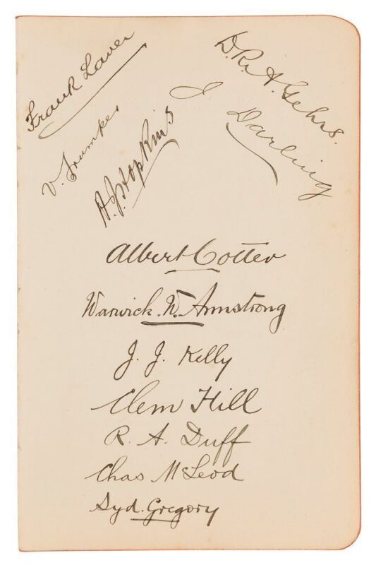 1905 AUSTRALIAN TEAM IN ENGLAND: Autograph page with 12 superb signatures in pen - Victor Trumper, Frank Laver, Bert Hopkins, Algy Gehrs, Joe Darling (Captain), Albert Cotter, Warwick Armstrong, James Kelly, Clem Hill, Reggie Duff, Charles McLeod & Syd Gr