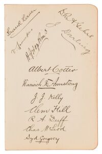 1905 AUSTRALIAN TEAM IN ENGLAND: Autograph page with 12 superb signatures in pen - Victor Trumper, Frank Laver, Bert Hopkins, Algy Gehrs, Joe Darling (Captain), Albert Cotter, Warwick Armstrong, James Kelly, Clem Hill, Reggie Duff, Charles McLeod & Syd Gr