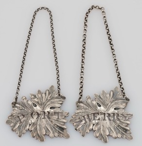 SHERRY and PORT pair of antique sterling silver decanter labels by Joseph Willmore of Birmingham, 1840, 5cm wide