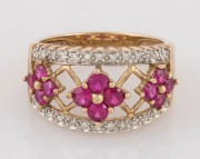 A 9ct yellow gold ring, set with three rosettes of rubies with two rows of white diamonds, 20th century, stamped "375", 4.2 grams