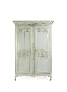 ARMOIRE: French oak early 19th century with grey painted finish and floral carving. Height 230cm, width 162cm, depth 64cm