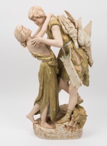 ROYAL DUX "RETOUR DE CHASSE" antique Bohemian porcelain figural group, 19th/20th century, pink triangle mark to base, 54cm high