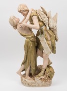 ROYAL&nbsp;DUX "RETOUR DE CHASSE" antique Bohemian porcelain figural group, 19th/20th century, pink triangle mark to base, 54cm high