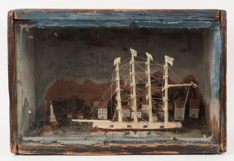 A folk art maritime diorama, 19th century, 26cm high, 38cm wide, 23cm deep