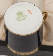 AYNSLEY boxed blue and white porcelain demi-tasse set with gilded highlights, retailed by WILLIAM DRUMMOND & Co. of Melbourne, green factory marks, the saucers 11cm diameter - 2