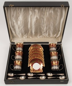 HAMMERSLEY & Co. English porcelain demi-tasse with sterling silver mounts and spoons, green factory marks, the saucers 10cm diameter