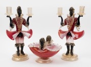 Murano glass figural bowl and pair of two branch candelabra in red and black with gold inclusions, mid 20th century, the candelabra 37cm high