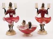 Murano glass figural bowl and pair of two branch candelabra in red and black with gold inclusions, mid 20th century, the candelabra 37cm high - 2