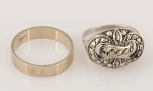 An 18ct white gold wedding band (4.4 grams), together with a silver and marcasite ring, (2 items)