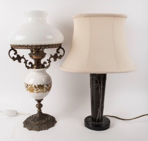 Two table lamps, one made from a Japanese bronze vase, the other a reproduction oil lamp example retailed by SALON OF DISTINCTION in Melbourne, ​​​​​​​56cm and 57cm high