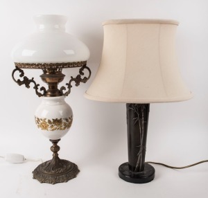 Two table lamps, one made from a Japanese bronze vase, the other a reproduction oil lamp example retailed by SALON OF DISTINCTION in Melbourne, 56cm and 57cm high