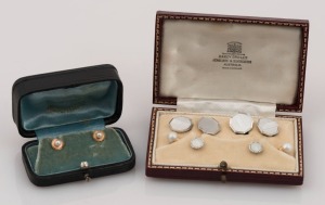 A cased 9ct white gold and carved mother of pearl gentleman's dress set, by CROPP & FARR Ltd. of Birmingham, housed in a Hardy Brothers box; together with a cased pair of 18ct gold and pearl studs, early to mid 20th century, (2 boxes)