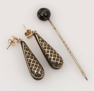 A pair of antique yellow gold earrings with inlaid pique decoration; together with a stickpin, 19th century, ​​​​​​​the earrings 4.5cm high