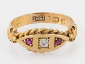 An antique 15ct yellow gold ring, set with rubies and a diamond, made in Birmingham, 1897, ​​​​​​​2.6 grams