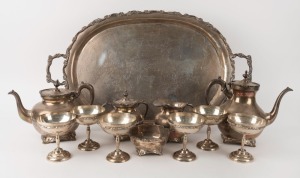 A Mexican 925 silver tea service and tray with six matching goblets. Made for the American market, (12 items), the tray 63cm across the handles, 6kg plus total