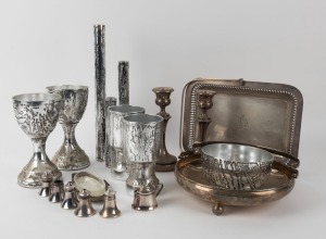 Sterling silver candlesticks, condiments, silver plated items and retro tableware, (13 items)