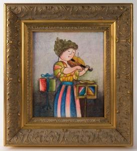 JOYCE ROYBAL (Italy 1955 - ), (the violin player), acrylic on canvas, signed lower right, 25cm x 21cm, 42cm x 37cm overall
