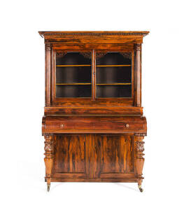 Antique rosewood piano front secretaire bookcase. Height 185cm, width 122cm, depth 63cm