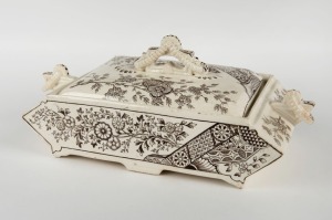 CHRISTOPHER DRESSER designed "Hampden" pattern antique English porcelain tureen, 19th century, 31cm across the handles