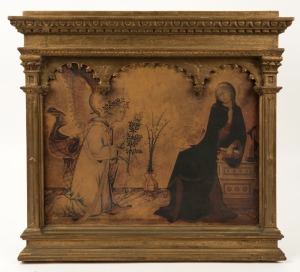 "Annunciation with St. Margaret and St. Ansanus" by Simone Martini, framed print in Renaissance style giltwood frame, 20th century, 42 x 46.5cm overall