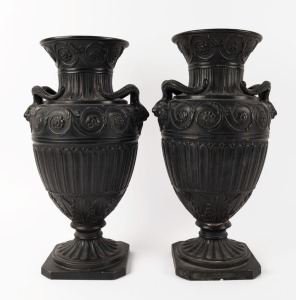 A pair of antique pottery urns with black finishes, A/F, 19th century, 40cm high