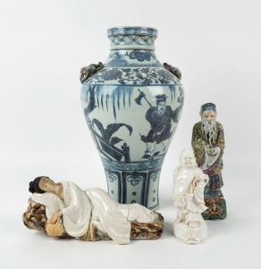 A blue and white Chinese porcelain vase, together with three assorted Chinese porcelain statues, 20th century, (4 items), ​​​​​​​the largest 38cm high