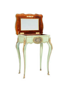 Ladies fold-out dressing table. French mid 19th century, green painted finish, ormolu mounts & fitted interior with makers plaque "Cornu Aine Paris". Height 76cm, width 58cm, depth 43cm