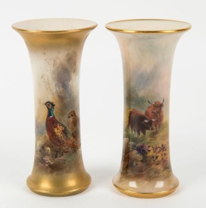 ROYAL WORCESTER pair of English porcelain vases, hand-painted with highland cattle and pheasants, signed "STINTON", green factory mark to bases, 11.5cm high